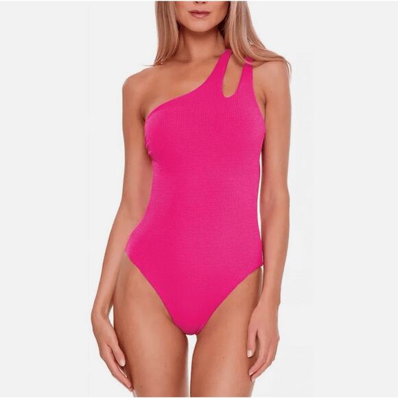 Becca Cosmopolitan Pink Pucker Up Asymmetrical One-Piece Swimsuit Sz M NWT - Picture 1 of 11